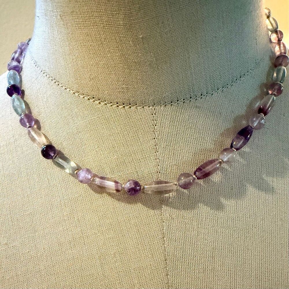 Natural Fluorite Gemstone Bead Necklace – Purple & Green Fluorite